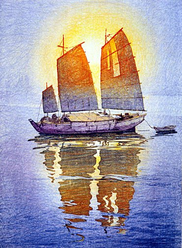 "Sailing Boats Morning Sun" Japanese Art Print Yoshida