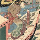Woman getting off a boat 30x44 Japanese Print Ltd. Edition Asian Art Japan