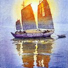 Sailing Boats Morning Sun15x22 Japanese Print Yoshida Asian Art Japan