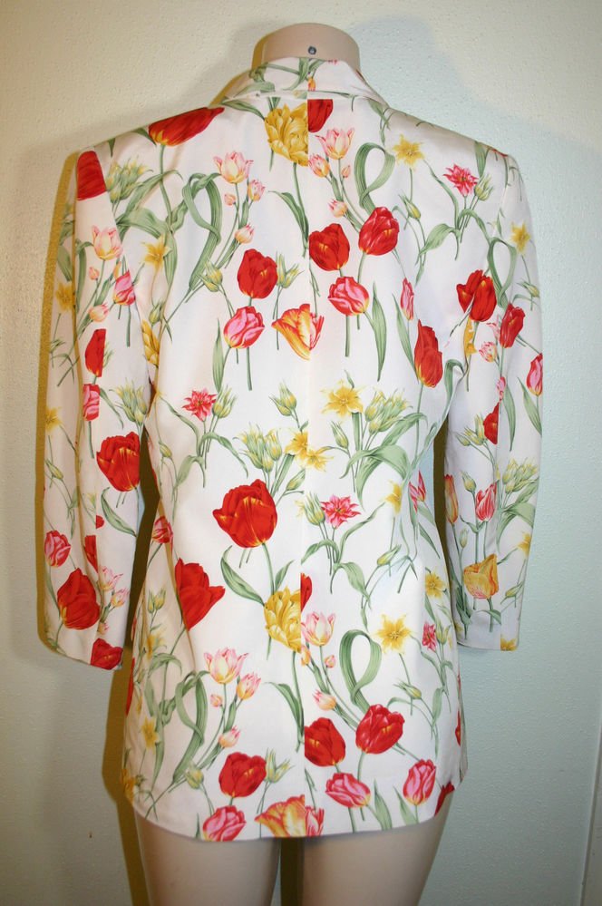 VALENTINO MISS V Jacket Size 6 Ivory Tulips Floral Print Silk 3/4 Sleeve