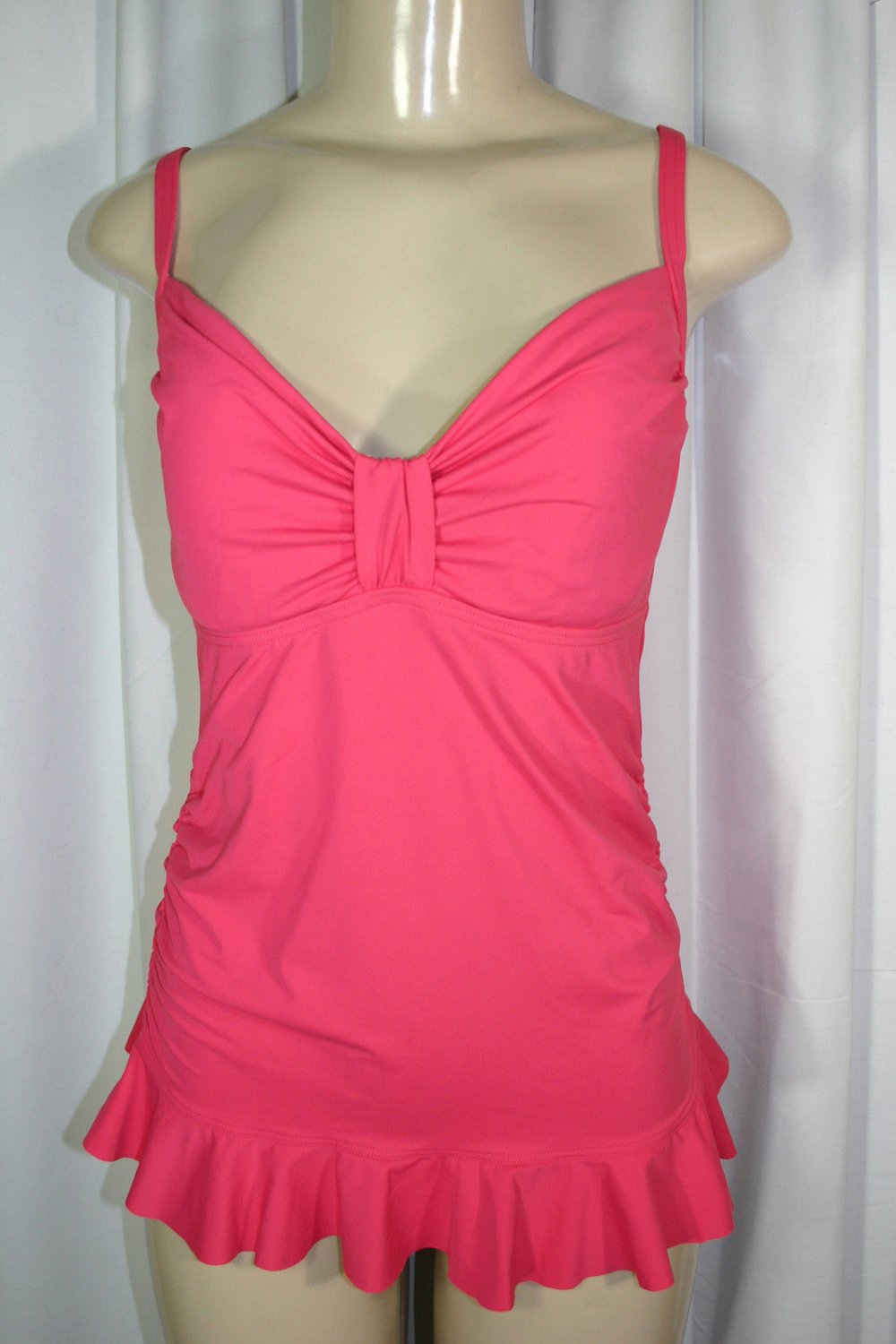 LANDS END Solid Coral Pink Ruffled Hem Ruched Sides Underwire Tankini ...