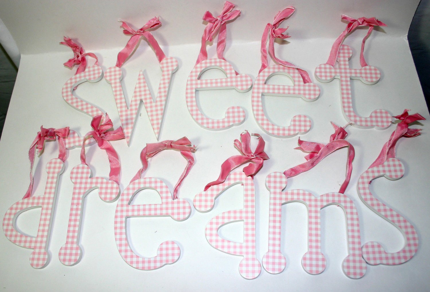 Sweet Dreams Pink Gingham Individual Ribbon Hanging Wall Letters Nursery Decor