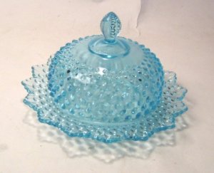 FENTON BLUE OPAL. HOBNAIL ROUND BUTTER DISH MADE FOR LEVAY