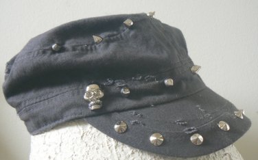 D&Y Womens Hat Cadet Baseball Cap w/ Skulls Spikes - Dark Gray / Silver / Distressed NWT