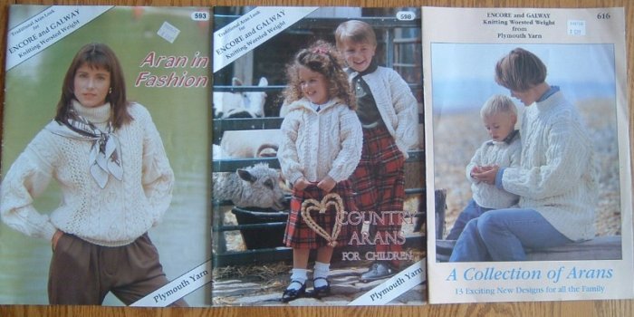 Lot of 3 ARAN Knitting Pattern Books Plymouth Yarn Knit