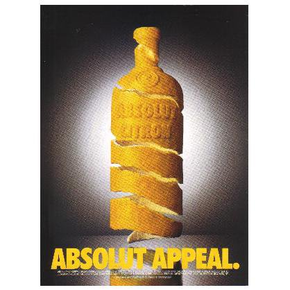 ABSOLUT APPEAL Vodka Magazine Ad YELLOW FONT & BLACK BACKGROUND