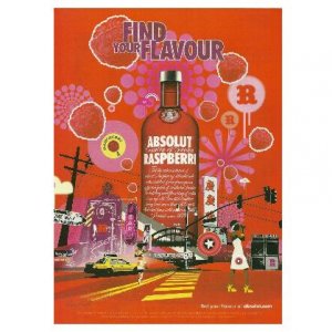 FIND YOUR FLAVOUR Absolut Raspberri Vodka Magazine Ad BRITISH SPELLING