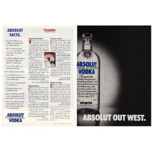 ABSOLUT OUT WEST w/ ABSOLUT FACTS Sidebar Canadian Vodka Magazine Ads- 2 PAGES