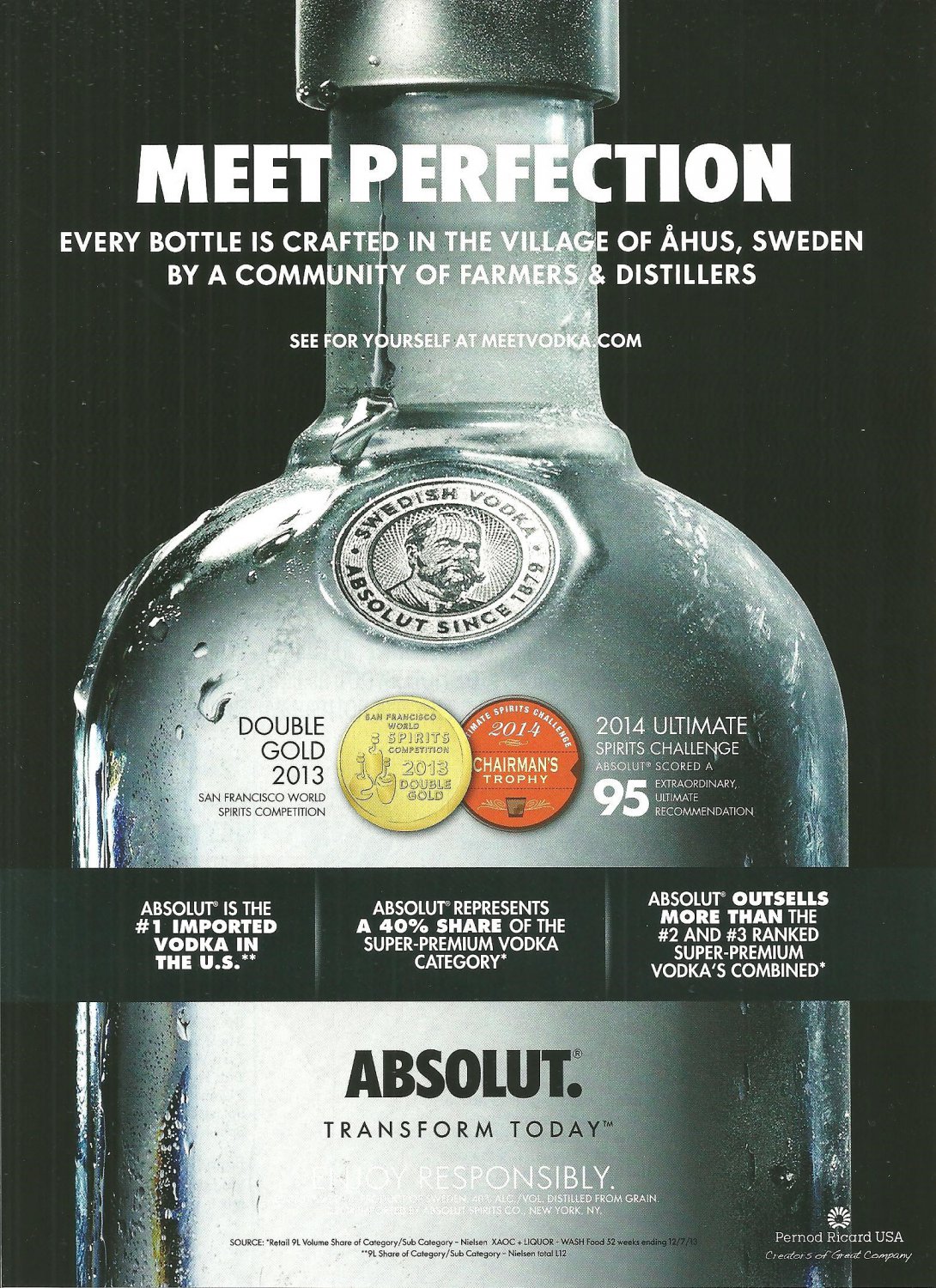 MEET PERFECTION "EVERY BOTTLE IS CRAFTED" Absolut Vodka Magazine Ad
