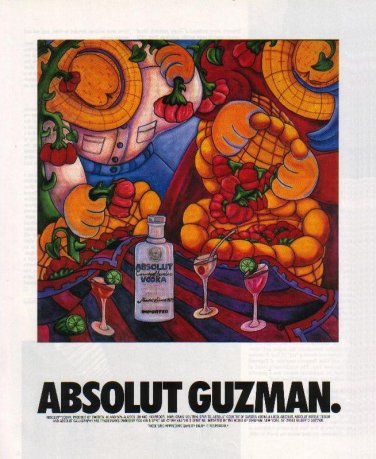 ABSOLUT GUZMAN Vodka Magazine Ad w/ Artwork by Gilberto Guzman