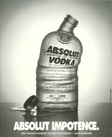 ABSOLUT IMPOTENCE Canadian Parody Vodka Magazine Ad