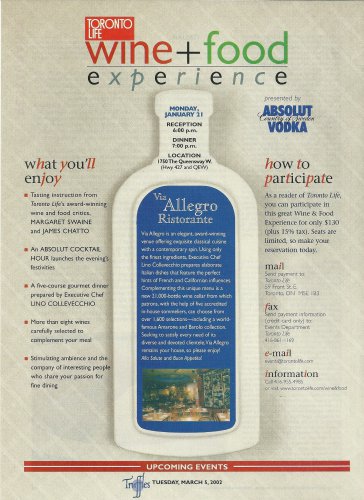 ABSOLUT LINO (Via Allegro Ristorante) Canadian Vodka Magazine Ad 2 pp RARE!