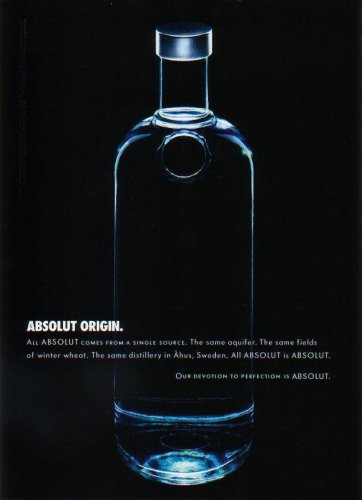 ABSOLUT ORIGIN Canadian Vodka Magazine Ad w/ Vancouver Restaurant Awards Caption