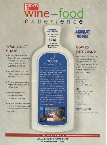 ABSOLUT TURCHI (Toula Restaurant) Canadian Vodka Magazine Ad 2 pp RARE!