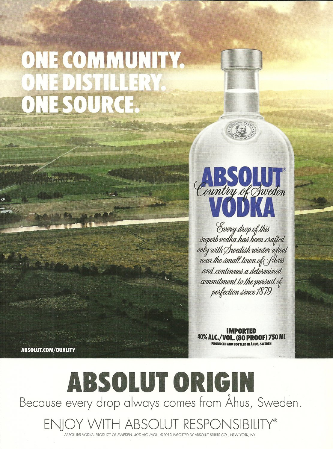 ABSOLUT ORIGIN Vodka Magazine Ad ONE COMMUNITY. ONE DISTILLERY. ONE SOURCE.