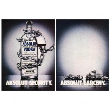 ABSOLUT SECURITY & ABSOLUT LARCENY Vodka Magazine Ads - 2 PAGES