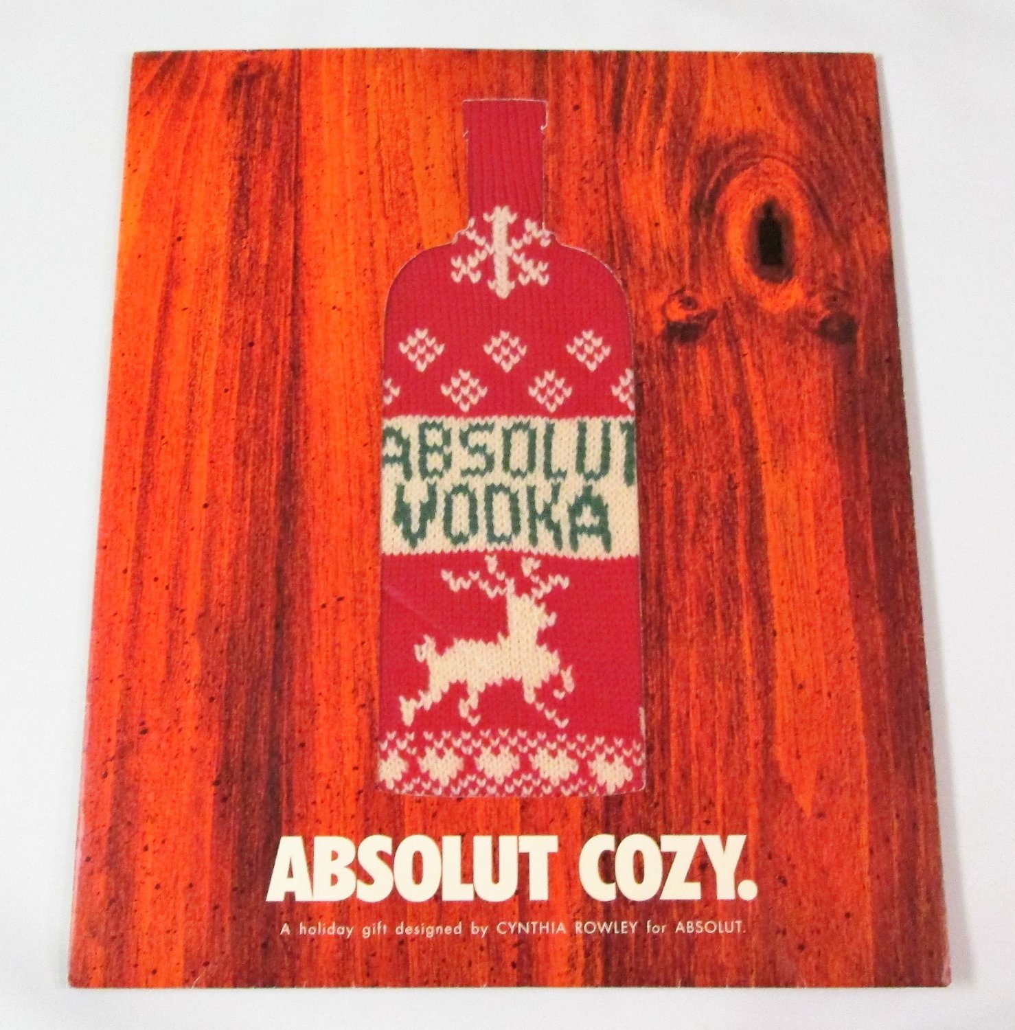 ABSOLUT COZY Spectacular Vodka Magazine Ad w/ Bottle Cozy by Cynthia