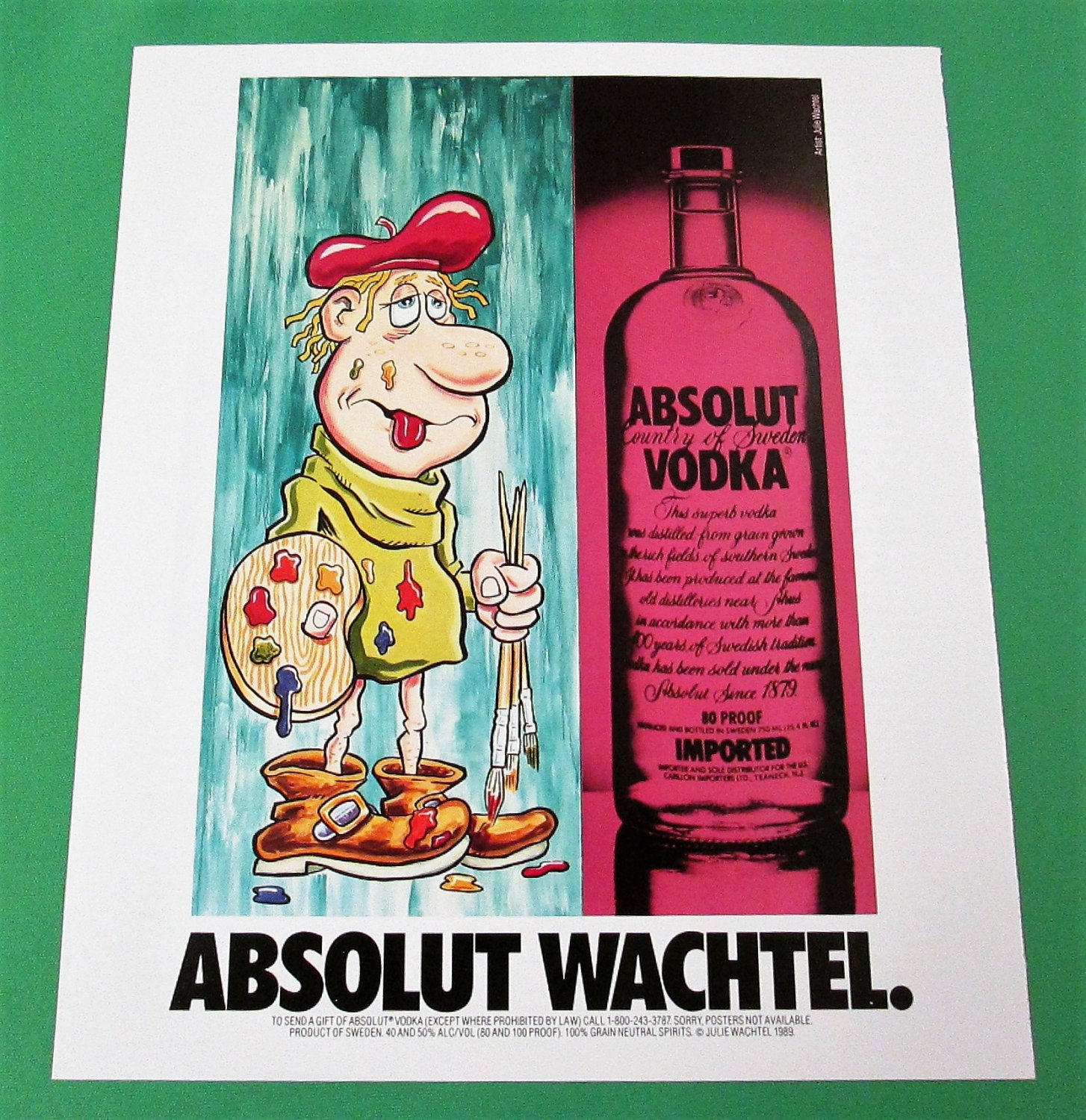 ABSOLUT WACHTEL Vodka Magazine Ad w/ Artwork by Julie Wachtel 1989 - NOT COMMON!