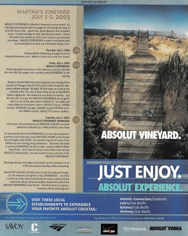 ABSOLUT VINEYARD & EXPERIENCE Martha's Vineyard Itinerary Ad 2003