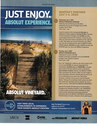 ABSOLUT EXPERIENCE & VINEYARD Martha's Vineyard Itinerary Ad 2002