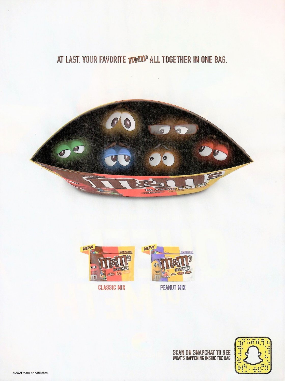 AT LAST, YOUR FAVORITE M&Ms ALL TOGETHER IN ONE BAG Magazine Ad Â© 2021