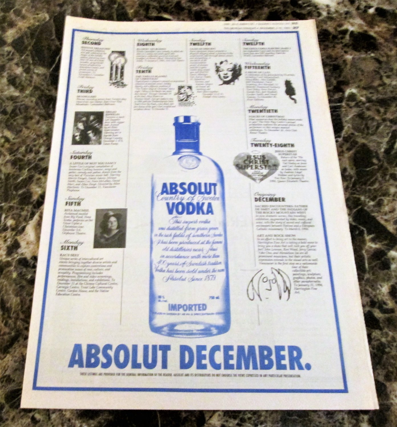 ABSOLUT DECEMBER Vancouver Event Itinerary Vodka Ad © 1993 - RARE!