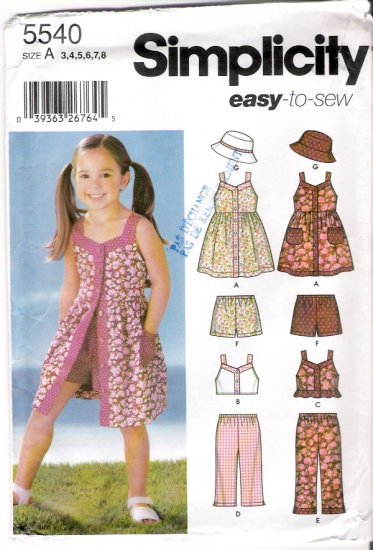Pattern Simplicity 5540 Children-Girl Dress-Hat-Pants-Top-Shorts Size 3-8
