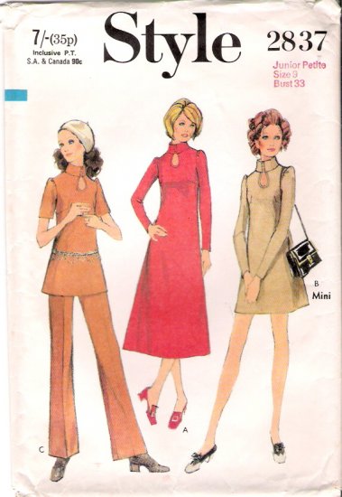 Vintage Pattern Style 2837 Misses' Dress in two lengths and Pants 70s Size 9jp