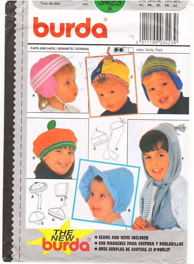 Pattern Burda 3423 Child Caps and Hats - 5 Sizes