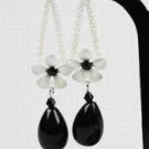 Black Glass Flower With Tear Drop Earrings