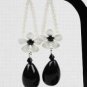 Black Glass Flower With Tear Drop Earrings