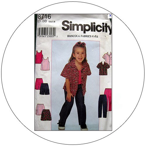 Simplicity No. 8716 Sewing Pattern - Child's Shirt, Skirt, Pants or Shorts & Tank Top - Size 5,6,7,8
