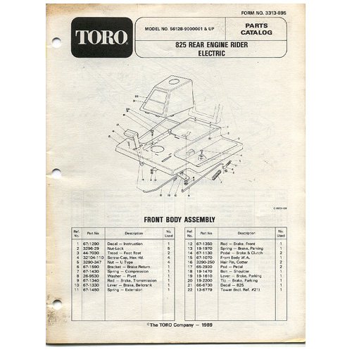 Original Toro 825 Rear Engine Rider Electric Model No. 56128-9000001 & Up Parts Catalog - 3313-895