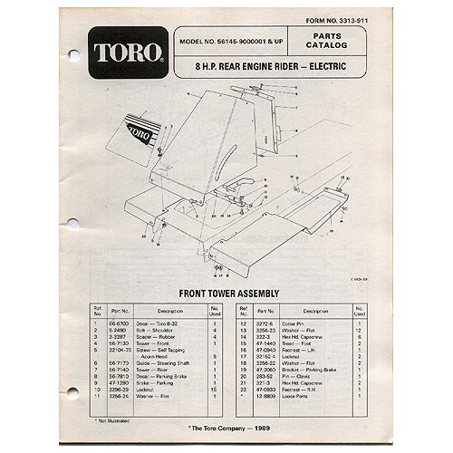 Original Toro 8 H.P. Rear Engine Rider - Electric - Parts Catalog - 3313-911 (1989)