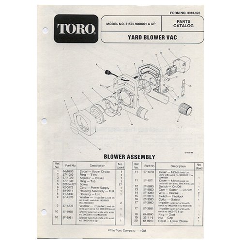 Original Toro Yard Blower Vac Model No. 51570-9000001 & Up - Parts Catalog - 3313-928 (1988