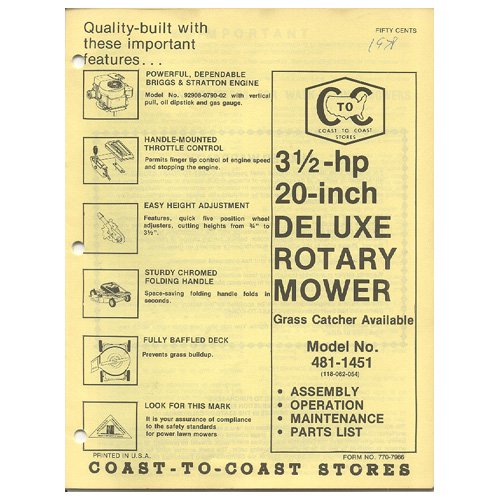 Original 1978 Coast To Coast Stores Owner&acirc;��s Manual 3 &Acirc;&frac12; hp 20" Deluxe Rotary Mower Model 481-1451