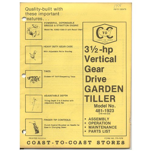 Original 1978 Coast To Coast Stores Owner&acirc;��s Manual 3 &Acirc;&frac12;-hp Gear Drive Tiller Model 481-1923