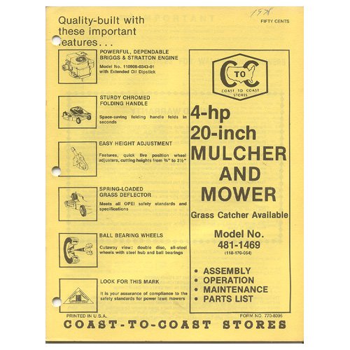 Original 1976 Coast To Coast Stores Owner&acirc;��s Manual 4-hp 20" Mulcher & Mower Model No. 481-1489