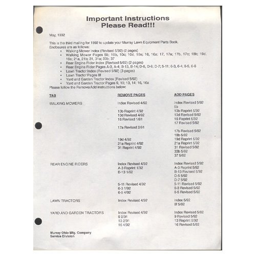 Original 1992 Murray Ohio Manufacturing Co. Parts & Price List Revised 5/92 (Vintage Collectible)