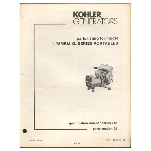 Original 1981 Kohler Parts List Model 1.75MBM XL Series Portables No. TP-1186 (Vintage Collectible)