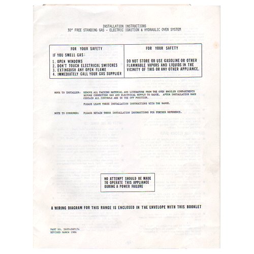Original 1986 Installation Instructions 30&acirc;�� Free Standing Gas - Electric Ignition & Hydraulic Oven