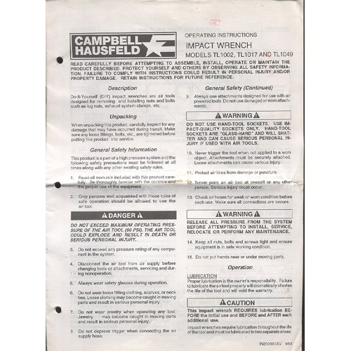 Original 1993 Campbell Hausfeld Operating Instructions Impact Wrench (Vintage Collectible)