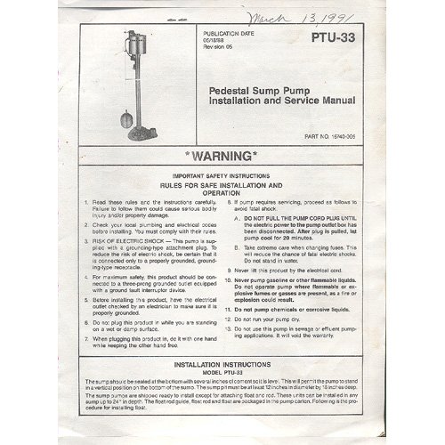 Original 1988 Wayne Pedestal Sump Pump Installation Manual Model: PTU-33 (Vintage Collectible)