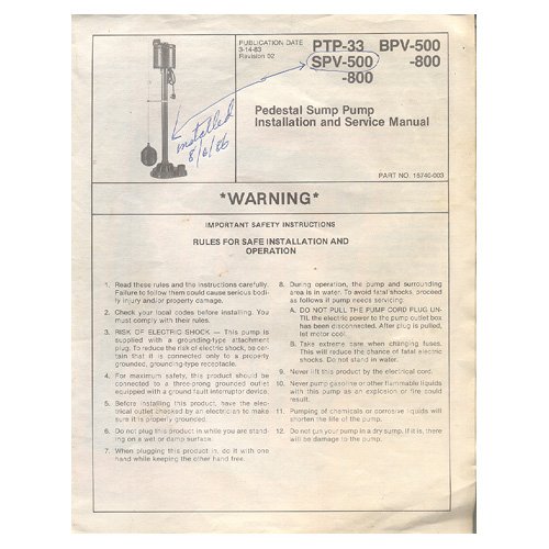 Original 1983 Wayne Home Equipment Pedestal Sump Pump Installation & Service Manual