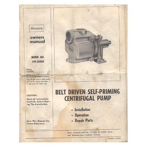 Original 1970's Sears Owner&acirc;��s Manual Model No. 149.26060 Belt Driven Pump Form Part No. F642-12771