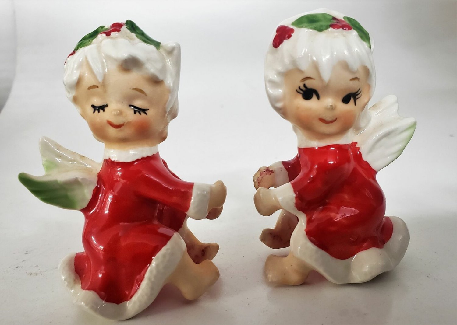 Vintage Lefton Japan Pixie Girl Christmas Angel Candle Hugger Climber Set