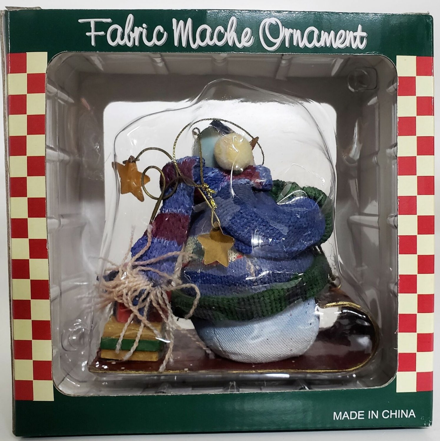 Vintage Design Fabric Mache Roly Poly Ornament Sledding Snowman 5.5 Inch