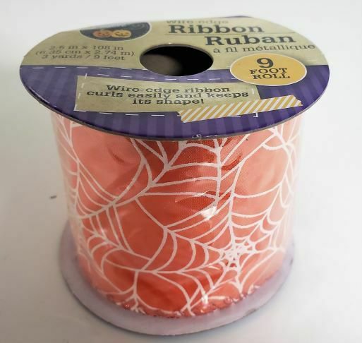 Halloween Spider Web Ribbon Orange/White Wire-edged 2.5" x 9'