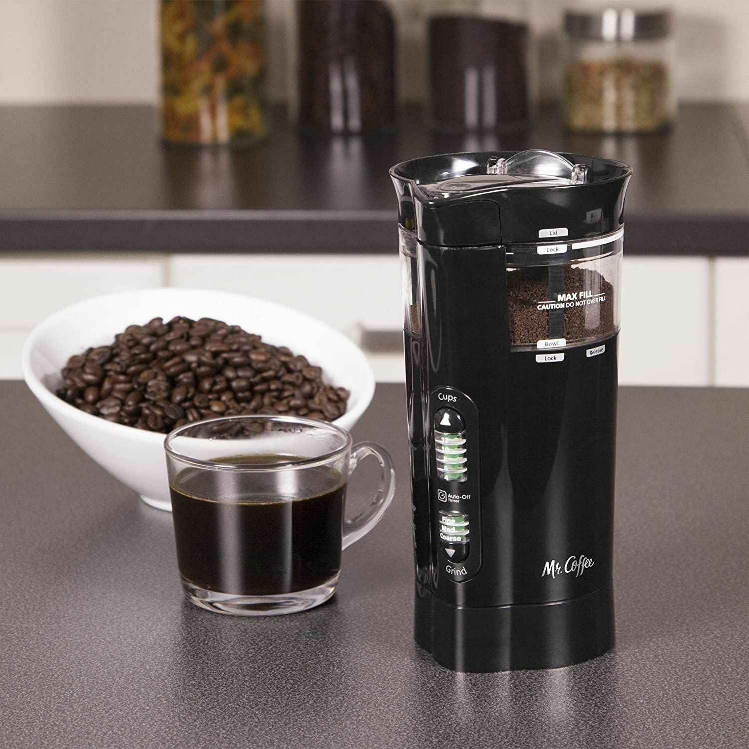Mr. Coffee 12 Cup Electric Coffee Grinder with Multi Settings, Black, 3 Speed -