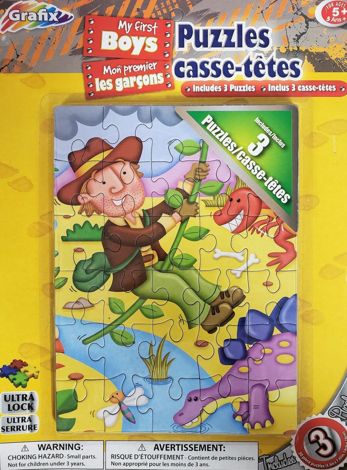 Grafix 3-pack of 30 Piece Puzzles - My First Boys: Building Site, Dinosaurs, &